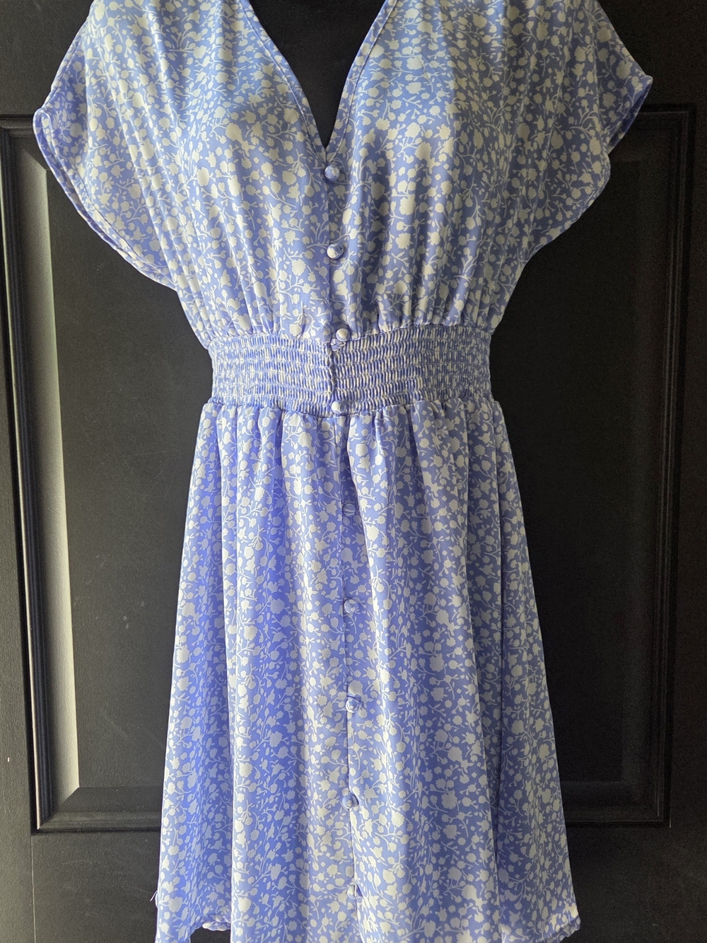 Light Blue Floral Button-Front Smocked Waist Dress